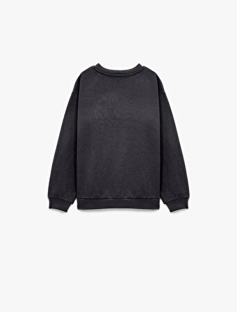 Uzun Kollu Bisiklet Yaka Baskılı Pamuklu Sweatshirt