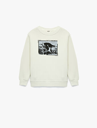 Şardonlu Uzun Kollu Bisiklet Yaka Baskılı Sweatshirt