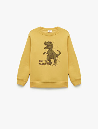 Dinozor Baskılı Uzun Kollu Şardonlu Bisiklet Yaka Sweatshirt