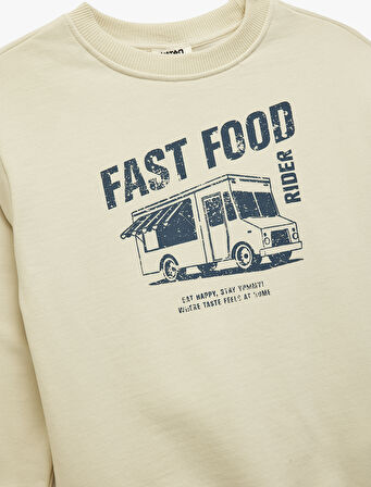 Şardonlu Uzun Kollu Bisiklet Yaka Pamuklu Baskılı Sweatshirt