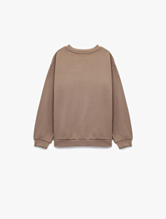 Pamuklu Uzun Kollu Bisiklet Yaka Baskılı Sweatshirt