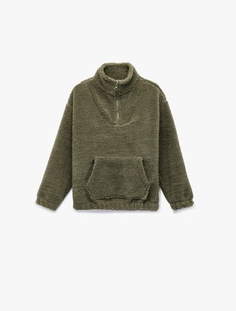Uzun Kollu Dik Yaka Kanguru Cepli Yarım Fermuarlı Peluş Sweatshirt