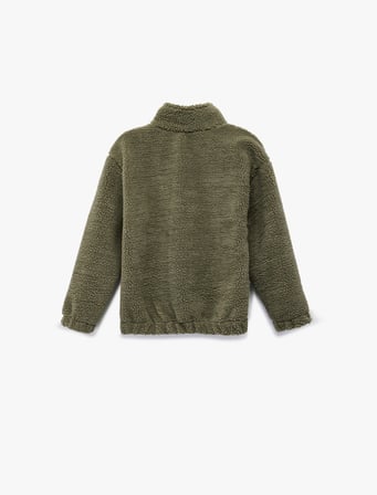 Uzun Kollu Dik Yaka Kanguru Cepli Yarım Fermuarlı Peluş Sweatshirt