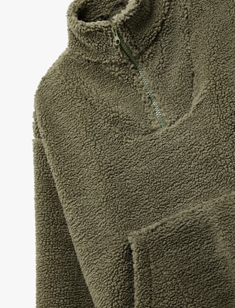 Uzun Kollu Dik Yaka Kanguru Cepli Yarım Fermuarlı Peluş Sweatshirt