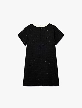 Bol Kalıp Bisiklet Yaka Düğmeli Kurdele Detaylı Kısa Kollu Elbise