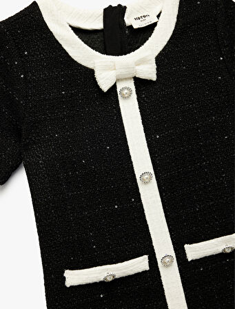 Bol Kalıp Bisiklet Yaka Düğmeli Kurdele Detaylı Kısa Kollu Elbise