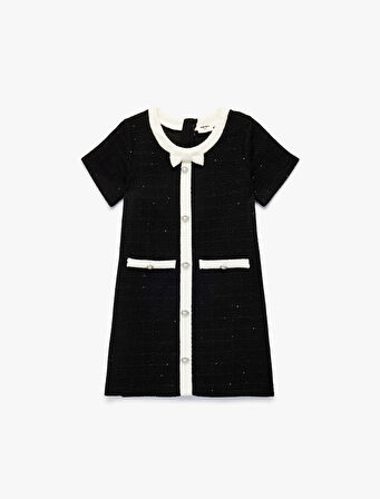 Bol Kalıp Bisiklet Yaka Düğmeli Kurdele Detaylı Kısa Kollu Elbise