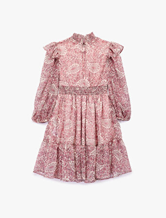 Uzun Kollu Dik Yaka Fırfır Detaylı Desenli Şifon Elbise