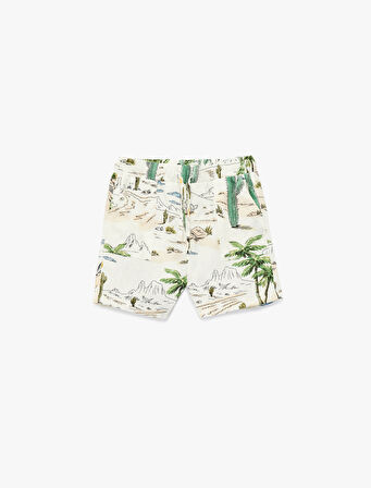 Beli Bağcıklı Viskon ve Keten Karışımlı Baskılı Şort