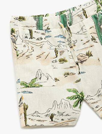 Beli Bağcıklı Viskon ve Keten Karışımlı Baskılı Şort