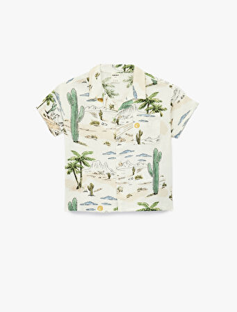 Baskılı Keten ve Viskon Karışımlı Cep Detaylı Kısa Kollu Gömlek