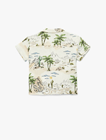 Baskılı Keten ve Viskon Karışımlı Cep Detaylı Kısa Kollu Gömlek