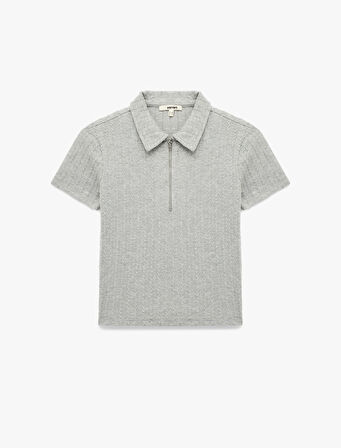 Slim Fit Saç Örgü Dokulu Kısa Kollu Fermuarlı Polo Yaka Tişört