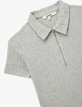 Slim Fit Saç Örgü Dokulu Kısa Kollu Fermuarlı Polo Yaka Tişört