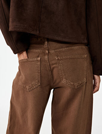 Düğmeli Cepli Bol Kesim Pamuklu Bol Paça Jean Pantolon - Loose Straight Fit Jean
