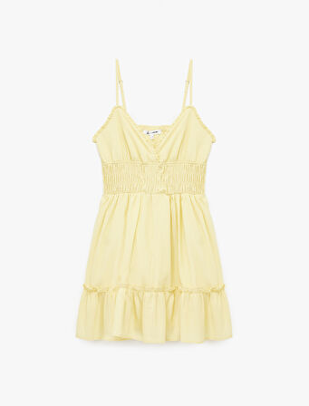 Gipeli V Yaka Katlı Fırfırlı İp Askılı Viskon Karışımlı Mini Elbise