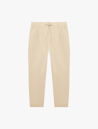Regular Fit Beli Lastikli Düğmeli Düz Paça Keten Karışımlı Chino Pantolon