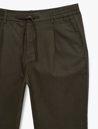Regular Fit Beli Lastikli Düğmeli Düz Paça Keten Karışımlı Chino Pantolon