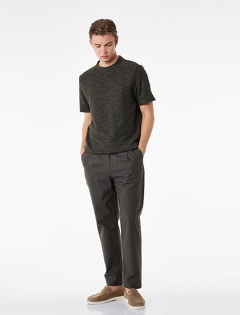 Regular Fit Beli Lastikli Düğmeli Düz Paça Keten Karışımlı Chino Pantolon