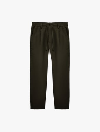Regular Fit Beli Lastikli Düğmeli Düz Paça Keten Karışımlı Chino Pantolon