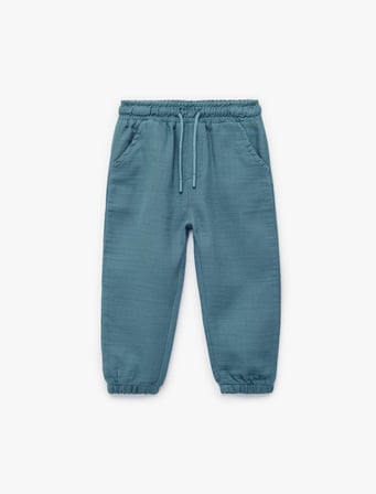 Pamuklu Beli Bağcıklı Müslin Kumaş Basic Jogger Pantolon