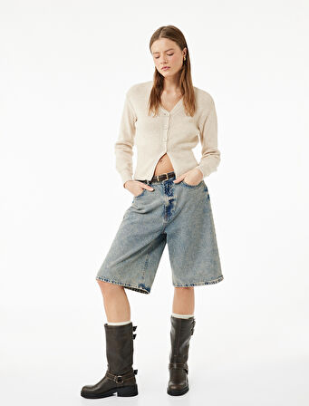 Düğmeli V Yaka Uzun Kollu Triko Hırka