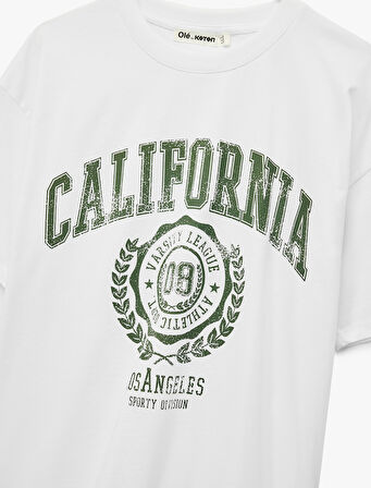 Pamuklu Kısa Kollu Bisiklet Yaka Baskılı Oversize Tişört