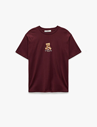 Ayıcık Nakışlı Kısa Kollu Bisiklet Yaka Pamuklu Oversize Tişört