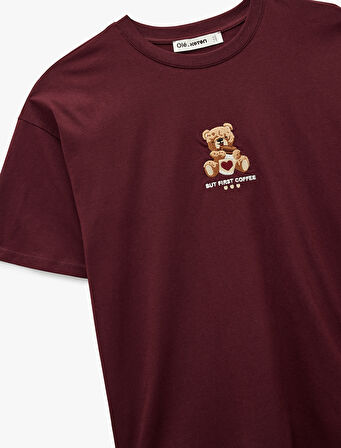 Ayıcık Nakışlı Kısa Kollu Bisiklet Yaka Pamuklu Oversize Tişört