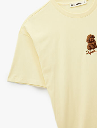 Kısa Kollu Köpek Nakış Detaylı Bisiklet Yaka Oversize Tişört