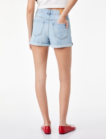 Pamuklu Yüksek Bel Slim Fit Duble Paça Mini Denim Şort