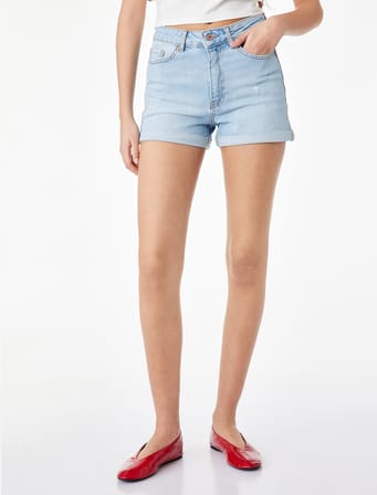Pamuklu Yüksek Bel Slim Fit Duble Paça Mini Denim Şort