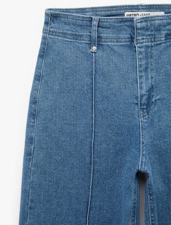 Nervürlü Yüksek Bel Rahat Kalıp Bol Paça Denim Pantolon - Culotte Jeans