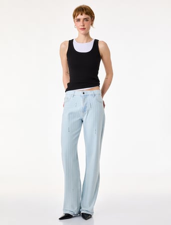 Uzun Düz Paça Normal Bel Cepli Düğmeli Taşlı Denim Pantolon - Longer Straight Fit Jean