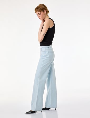Uzun Düz Paça Normal Bel Cepli Düğmeli Taşlı Denim Pantolon - Longer Straight Fit Jean