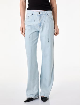 Uzun Düz Paça Normal Bel Cepli Düğmeli Taşlı Denim Pantolon - Longer Straight Fit Jean
