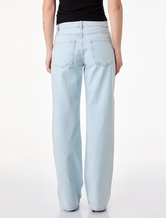Uzun Düz Paça Normal Bel Cepli Düğmeli Taşlı Denim Pantolon - Longer Straight Fit Jean