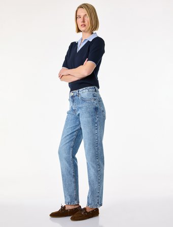 Pamuklu Cepli Düğmeli Normal Bel Düz Paça Denim Pantolon - Slim Straight Jeans