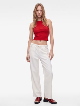 Pamuklu Cep Detaylı Beli Bağcıklı Bol Pantolon - Loose Straight Fit Jean