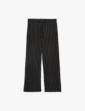 Rahat Kalıp Beli Bağcıklı Çizgili Bürümcük Kumaş Geniş Paça Pantolon