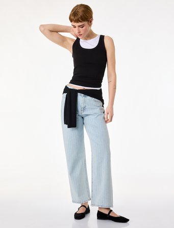 Normal Bel Düz Paça Düğmeli Cepli Taşlı Denim Pantolon - Straight Jeans