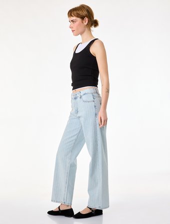 Normal Bel Düz Paça Düğmeli Cepli Taşlı Denim Pantolon - Straight Jeans