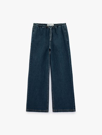 Beli Bağcıklı Cep Detaylı Bol Paça Denim Pantolon