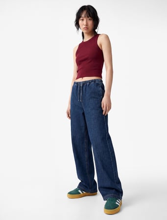 Beli Bağcıklı Cep Detaylı Bol Paça Denim Pantolon
