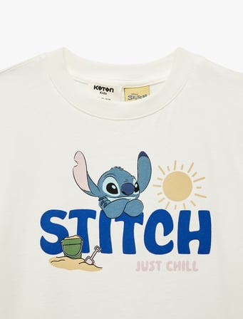 Stitch Baskılı Kısa Kollu Bisiklet Yaka Pamuklu Lisanslı Tişört