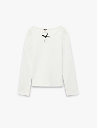 Uzun Kollu Bisiklet Yaka Pamuklu Fiyonklu Tişört