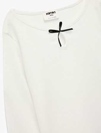 Uzun Kollu Bisiklet Yaka Pamuklu Fiyonklu Tişört