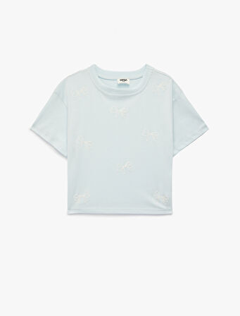 Kurdele Detaylı Pamuklu Kısa Kollu Bisiklet Yaka Tişört