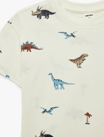Dinozor Baskılı Uzun Kollu Bisiklet Yaka Pamuklu Tişört