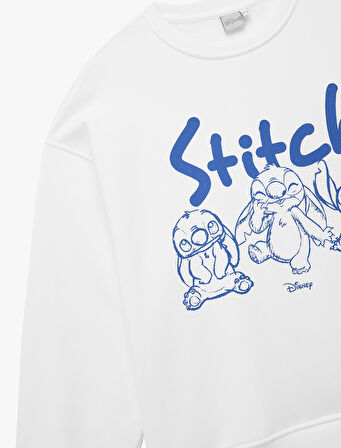 Stitch Lisanslı Bisiklet Yaka Baskılı Oversize Sweatshirt